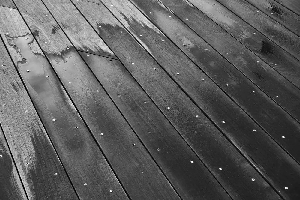 Lames de terrasse en bois grisées et mouillées, fixées par des vis apparentes